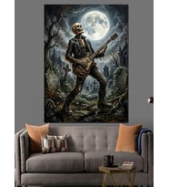 Ay Altında Gitar Çalan İskelet Dekoratif Kanvas - Mdf Ahşap Tablo