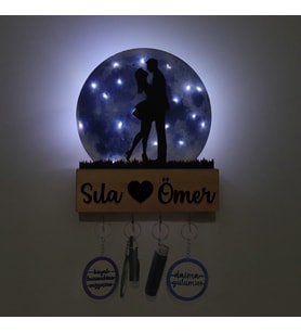 Lucenda Led Işıklı Pleksi Dolunay Kişiselleştirilebilir Biblo Sandra Sarılan Sevgili Anahtar Askılığı (Mavi)