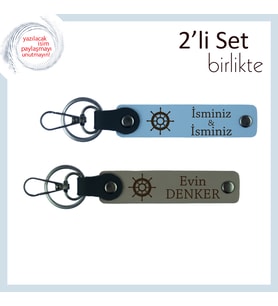 Yol Gösteren Bir Hatıra, Gemi Temalı Deri Anahtarlık Takımı, İsminizi Yazdırın, Gök Mavi-Kül Gri