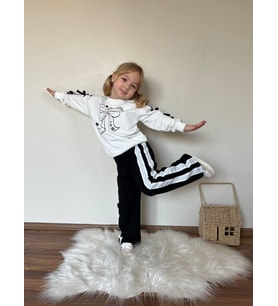 Cg Kids Fiyonk Kol Detaylı ve Baskılı Kız Çocuk ispanyol Paça 2 iplik Alt Üst Eşofman Takım (Siyah)