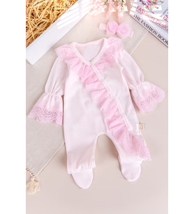 Güpürlü %100 Pamuk Kız Bebek Tulum (Pembe)