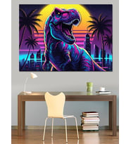 Neon Işıklı Dinozor Çizimi Dekoratif Kanvas - Mdf Ahşap Tablo