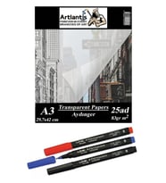 Aydınger Kağıdı A3 83 gr 25'li 1 Paket Eskiz Kağıdı Lineplus Asetat Kalemi S 0.3 Siyah Kırmızı Mavi (Krem)
