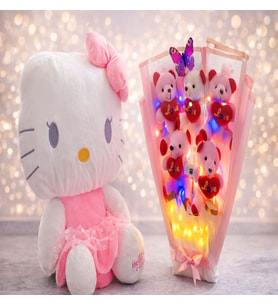 Anneler  Günü’ne Özel 35 cm Hello Kitty’ ve LED Işıklı Love Yazılı 5’li Ayıcık Buketi
