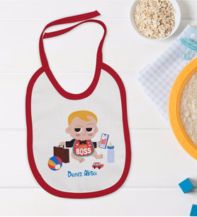 BK Kids Kişiye Özel Little Boss Tasarımlı Kırmızı Bebek Mama Önlüğü-1