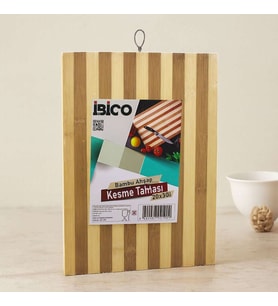 Bambu Kesme Tahtası 20x30x1.3 cm - Beyaz Çizgili Metal Kulplu