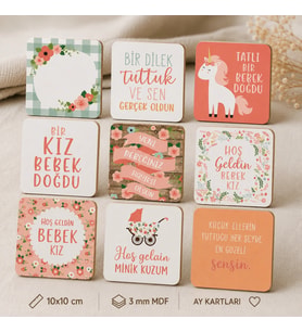 Kız Bebek Temalı MDF Anı ve Fotoğraf Kartları – 9’lu Set (10×10 cm)