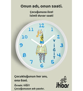 İsme Özel Sevimli Zürafa Çizimli Çocuk Odası Duvar Saati Orta Boy 30 cm Beyaz Camlı Sessiz