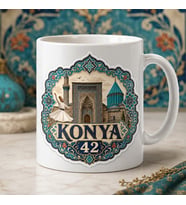 Konya 42 Selçuklu Çini Motifli Baskılı Kupa, Mevlana Semazen ve Tarihi Mimari Temalı Geleneksel Memleket Hediyesi