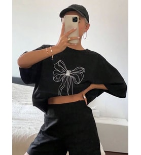 Baskılı Oversize T-shirt - Siyah