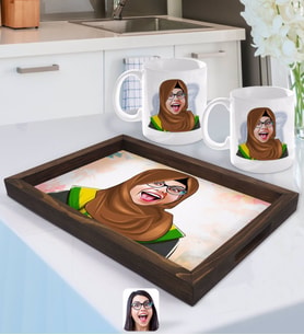 BK Gift Kişiye Özel Kadın Arapça Öğretmeni Karikatürlü Doğal Ahşap Tepsi ve 2’li Kupa Bardak Seti-3