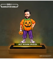 Kişiye Özel Turuncu Kabak Kostümlü Şeker Karikatürlü 14 cm MDF Işıklı Biblo - Kişiye Özel Hediye