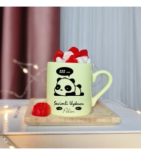 Uykucu Panda Tasarımlı Kişiye Özel Sarı Türk Kahvesi Fincanı