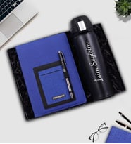 Kişiye Özel Telefon Cepli Mavi Defter  & Siyah Metalik Roller Kalem & Kişiye Özel 500 ML Siyah Kilitli Termos Hediye Seti