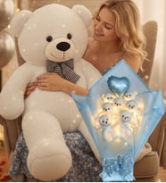 Sevgiliye Özel 90 cm Peluş Ayı ve LED’li Mavi Ayıcık Buketi Kalp Balonlu Sevgililer Günü Hediye Seti (Beyaz)
