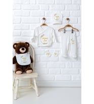 Pia Baby Premium %100 Pamuk 5’li Zıbın Set  İsme Özel Hastane Çıkışı Yenidoğan Bebek Hediyesi 5064-08 (Ekru)