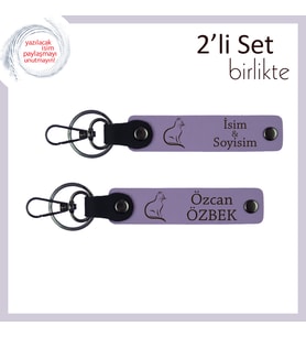 Minnoş Ruhlara Uygun Şıklık, Kedi Temalı, Kişisel Yazılı Deri Anahtarlık, Mor Menekşe-Mor Menekşe