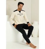 Dreamy %100 Pamuklu Manşetli Uzun Kollu Erkek Pijama Takımı (Bej-Lacivert)