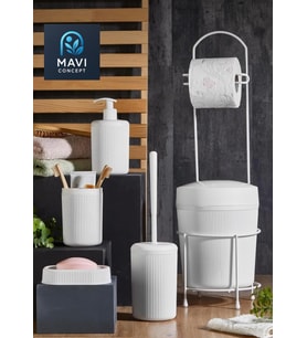 6 Parça Banyo Seti Çöp Kovalı Tuvalet Kağıtlığı-Tuvalet Fırçası-Sıvı ve Katı Sabunluk-Diş Fırçalık (Beyaz)
