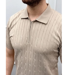 Erkek Yazlık Triko Saç Örgü Tişört Kısa Kol Polo Yaka Fermuarlı T-Shirt - Bej