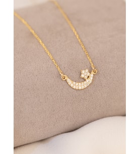 925 AYAR GÜMÜŞ ZİRKON TAŞLI HİLALLİ YILDIZ KOLYE (Gold)