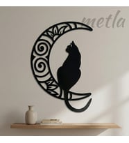 Metla Metal Hilal Üzerinde Kedi Mandala Modern Metal Duvar Tablosu Salon Ofis Yeni Ev Hediye