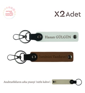 Arkadaşa Yılbaşı Hediyesi, İsim Yazılı 2’li Anahtarlık Seti, Açık Kahve-Beyaz-Sütlü Kahve