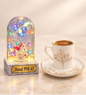 Hayat Ağacı Tasarımlı Premium Kahve Fincanı ve Kişiye Özel Yazılı Renkli LED Işıklı Unicornlu Fanus