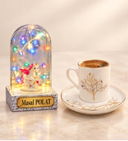 Hayat Ağacı Tasarımlı Premium Kahve Fincanı ve Kişiye Özel Yazılı Renkli LED Işıklı Unicornlu Fanus