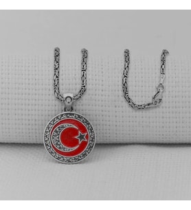 Gravur İşlemeliOrta Boy Ay Yıldız 925 Ayar Gümüş Erkek Kolye