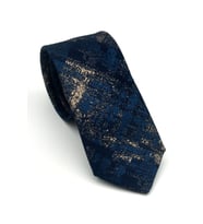 Bej Desenli Petrol Mavi Dokuma Kumaş Mendilli Slim Fit Kravat // SDK-2608-5