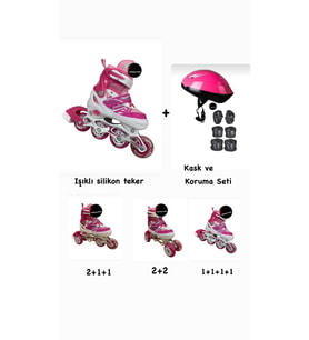 Işıklı Çocuk Pateni Ayarlanılabilir Silikon Tekerli Frenli Metal Gövdeli Paten Ve Kask Dizlik Set 30-33 (Açık Pembe)