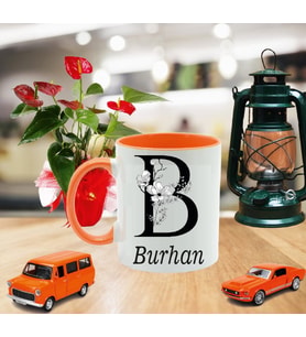B Baş Harf Ve İsim Yazılı Turuncu Kupa Bardak