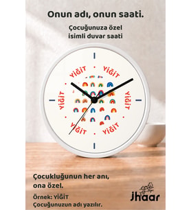 İsme Özel Renkli Küçük Gökkuşakları Çocuk Odası Duvar Saati Orta Boy 30 cm Beyaz Camlı Sessiz
