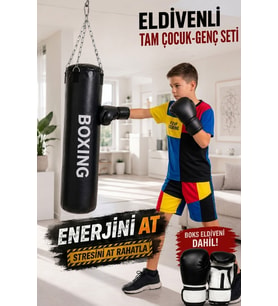 Çocuk Boks Seti 70 Cm x 25 Cm Boks Torbası + Boks Eldiveni +  Tavan Kancası - 3' LÜ SET