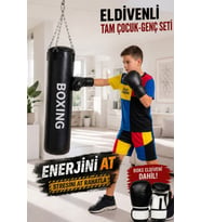 Çocuk Boks Seti 70 Cm x 25 Cm Boks Torbası + Boks Eldiveni +  Tavan Kancası - 3' LÜ SET