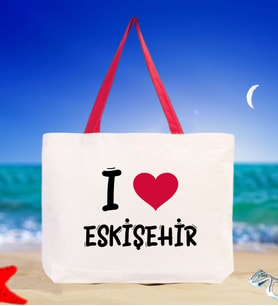 BK Gift I Love Eskişehir Renkli Kulp Kanvas Plaj Çantası 48x40m, Baskılı Omuz Çantası, Alışveriş Çantası (Kırmızı)