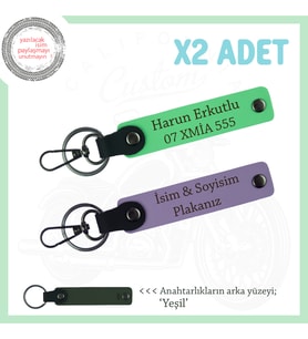Motorcu Sevgiliye Özel Hediye İsim Ve Plaka Yazılı x2'li Anahtarlık Set, Mor Menekşe-F Yeşil-Ysl