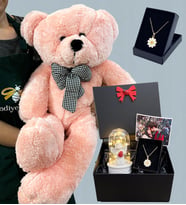 Fotoğraflı Premium Set - Büyük Boy Peluş Ayıcık, Işıklı Beyaz Melekli Fanus ve Tasarım Kolye (Pembe)
