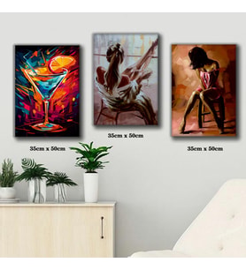 kokteyli kadın resimleri tablosu 3 adet 35cmx50cm kumaş baskılı canvas tablo