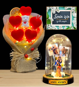 Size Özel Hediye Seti - Led Işıklı Kırmızı Kalp Buketi ve Biblolu Led Işıklı İsimli 3 Fotoğraflı Fanus (Model 9)