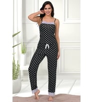 MyBen Kadın Puantiye Desenli Pamuklu Likralı Siyah Askılı  Dantel Detaylı Pijama Takımı 28447