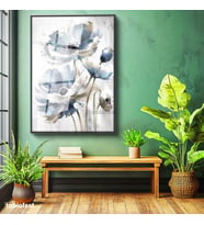 Siyah Renk Metal Çerçeveli Tamperli Cam Tablo Sanatsal İri Yapraklı Çiçekler Çiçek Tablosu Duvar Dekoru