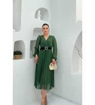 Neşeli butik kadın yeşil kruvaze yaka kemer detaylı piliseli midi elbise