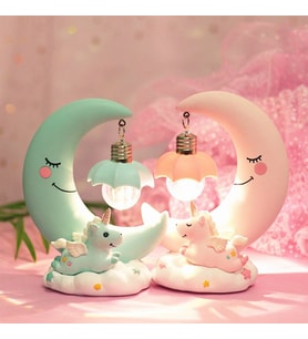 Dekoratif  Ay Dede ve Minik Unicorn Temalı Masa Lambası ve Biblo (Mavi)