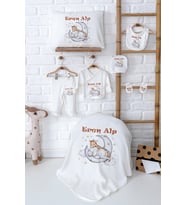 Pia Baby Premium İsimli %100 Pamuk Yenidoğan Erkek Bebek Hediyelik Zıbın Set 5051-02 (Ekru)