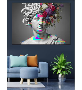 Siyah Beyaz Çiçeklerle Süslenmiş Medusa Heykeli Renk Detaylı Modern Sanat Dekoratif Kanvas - Mdf Ahşap Tablo