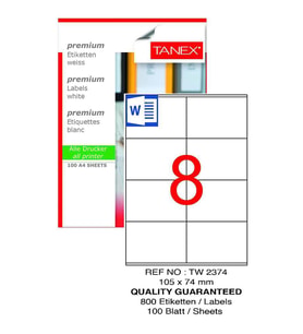 Bilgisayar Etiketi Tw-2374 105x74,25 mm 100 Lü Lazer Etiket 1 Paket Tanex Davetiye Kargo Koli Kutu Etiketi (Beyaz)