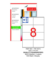 Bilgisayar Etiketi Tw-2374 105x74,25 mm 100 Lü Lazer Etiket 1 Paket Tanex Davetiye Kargo Koli Kutu Etiketi (Beyaz)