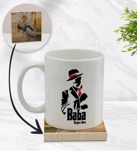 BK Gift Kişiye Özel Baba Godfather Tasarımlı Beyaz Kupa Bardak ve Ahşap Bardak Altlığı Hediye Seti - Model 18
